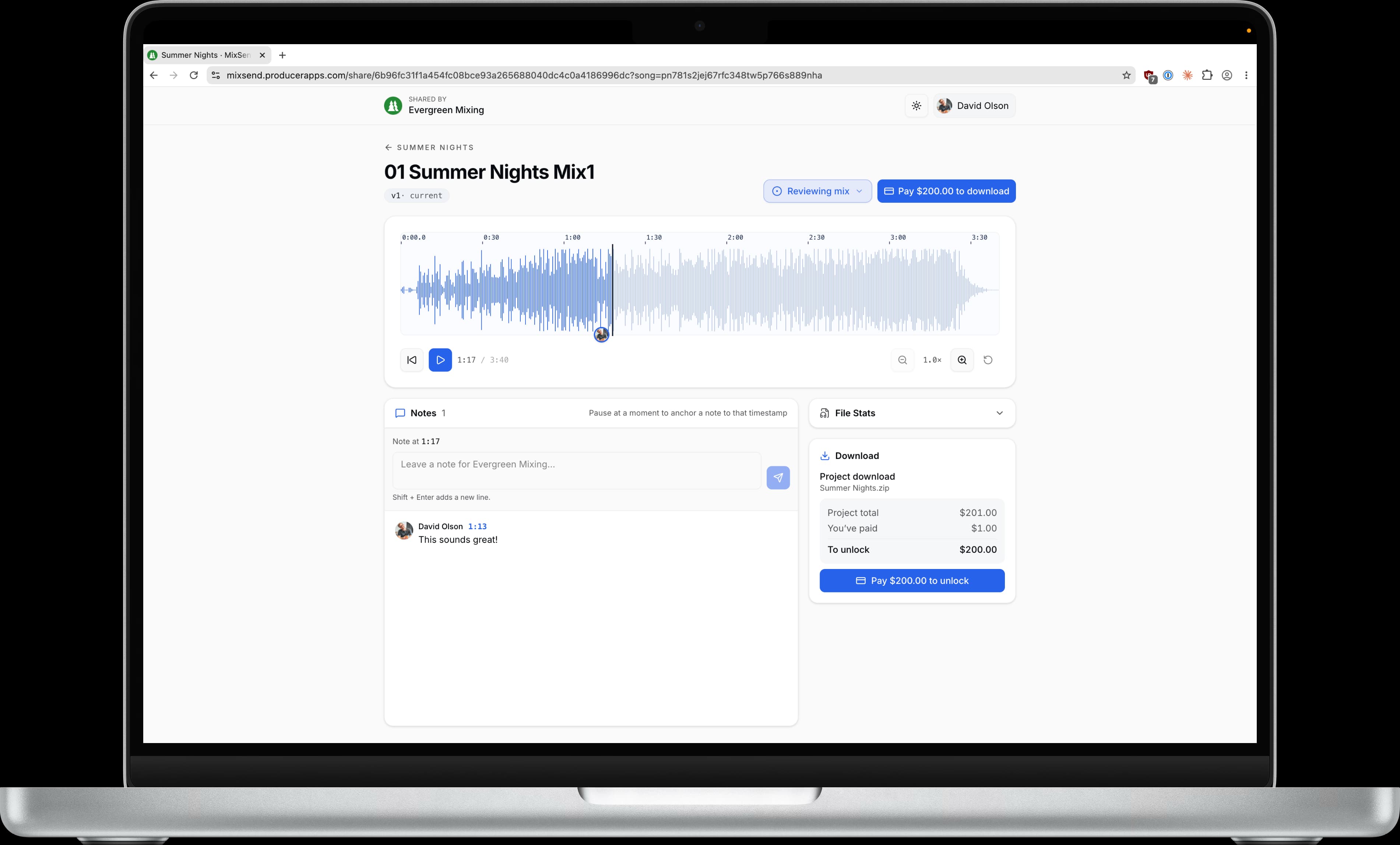 A MixSend client share page in a laptop: a waveform with a timestamped client note, mix version status, and a paid download to unlock the final files.