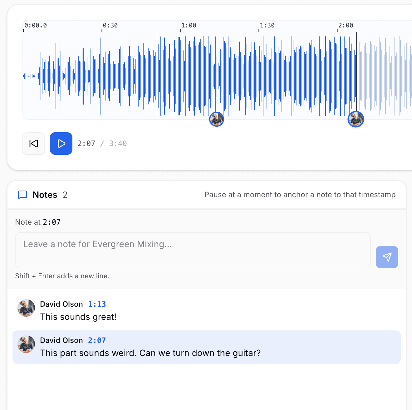 A MixSend waveform with timestamped client notes and a reply box