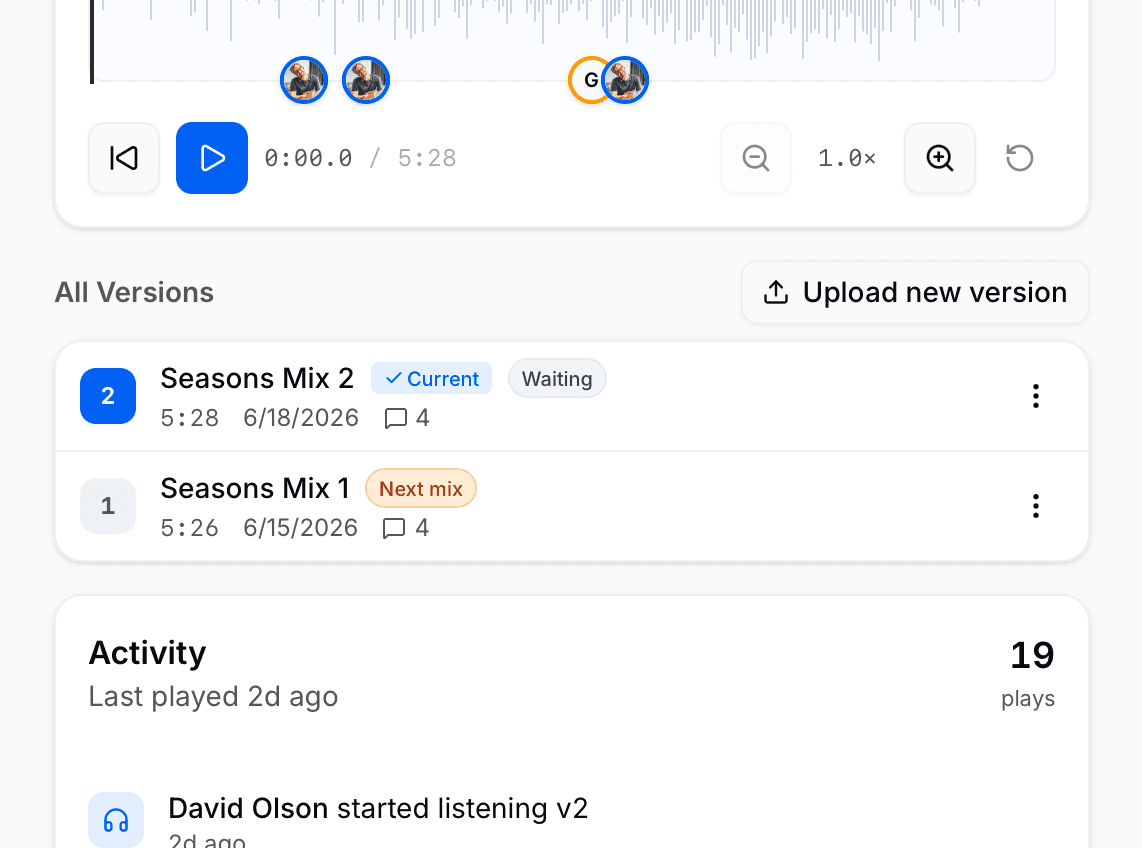 A MixSend song page showing version history and an open comment