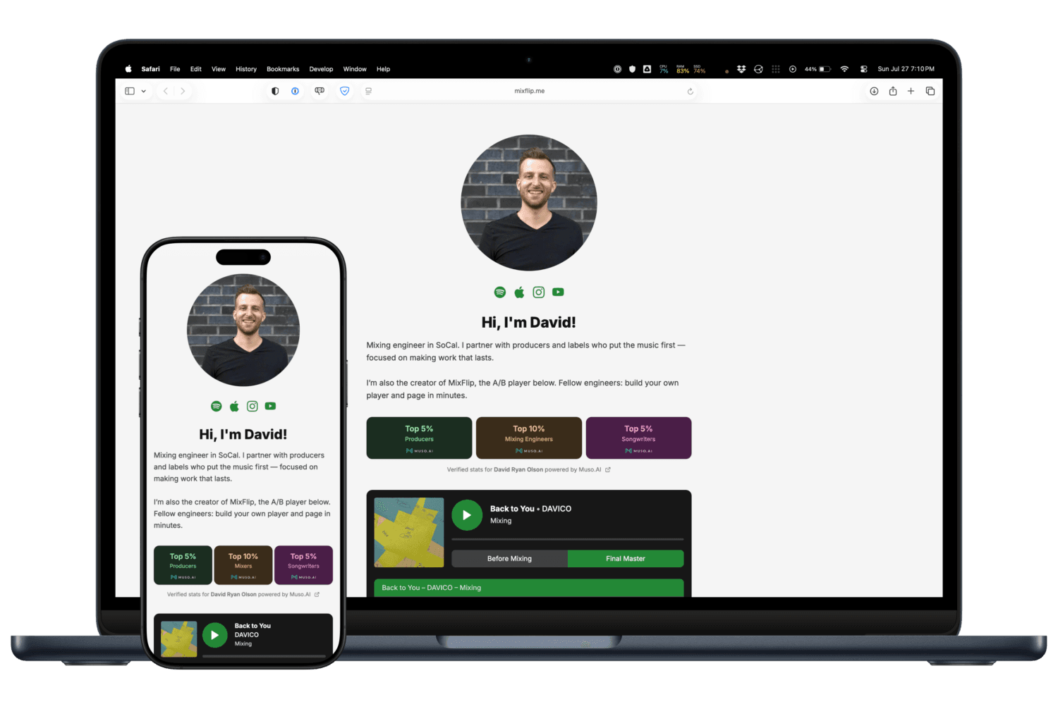 A real MixFlip landing page on desktop and mobile, with a profile, verified stats, and a before/after player